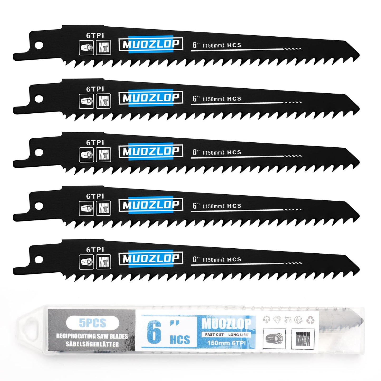 5 Pack 9 inch Reciprocating Saw Blades Set, 6TPI High Carbon Saw Blades, Woodcutting Saw Blades with Organizer Case (5, 6TPI/9 inch)