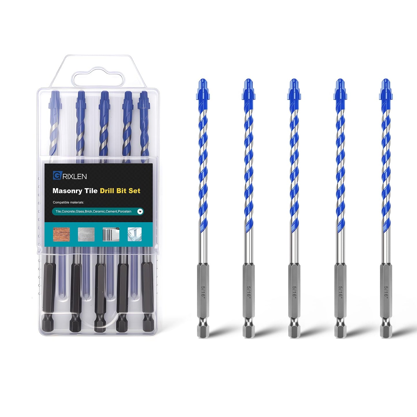 5 Pack 3/16" Tile Drill Bits, Hex Shank Step Masonry Drill Bits for Tile,Concrete, Porcelain,Brick, Glass, Cement, 6" Length