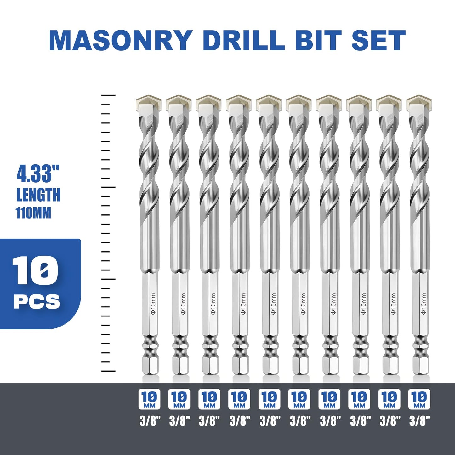 3 Pack 1/4"(6mm) Hex Shank Hammer Drill Masonry Bits, 4.3" Length Masonry Drill Bits for Concrete, Cement, Brick, Stone (3 Pieces, 1/4" x 4.3" (6x110mm))