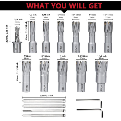 12er-Pack Hohlbohrer-Set 7/16 bis 1-1/8 Zoll mit Weldon-Schaft, 11 mm ~ 29 mm Hartmetall-Hohlbohrer für Edelstahl, Eisen (1-3/8 Zoll Schnitttiefe)