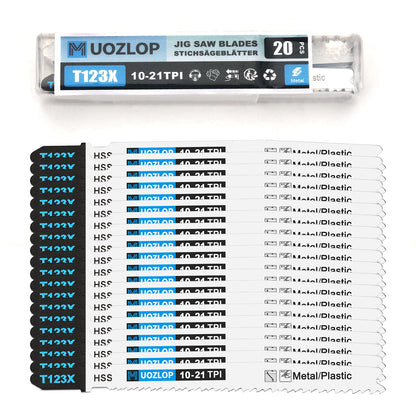 MUOZLOP 20tlg. Stichsägeblätter, 21TPI Stichsägeblätter mit Aufbewahrungsbox, T-Schaft Stichsägeblätter zum Metallschneiden (20tlg. T118A)