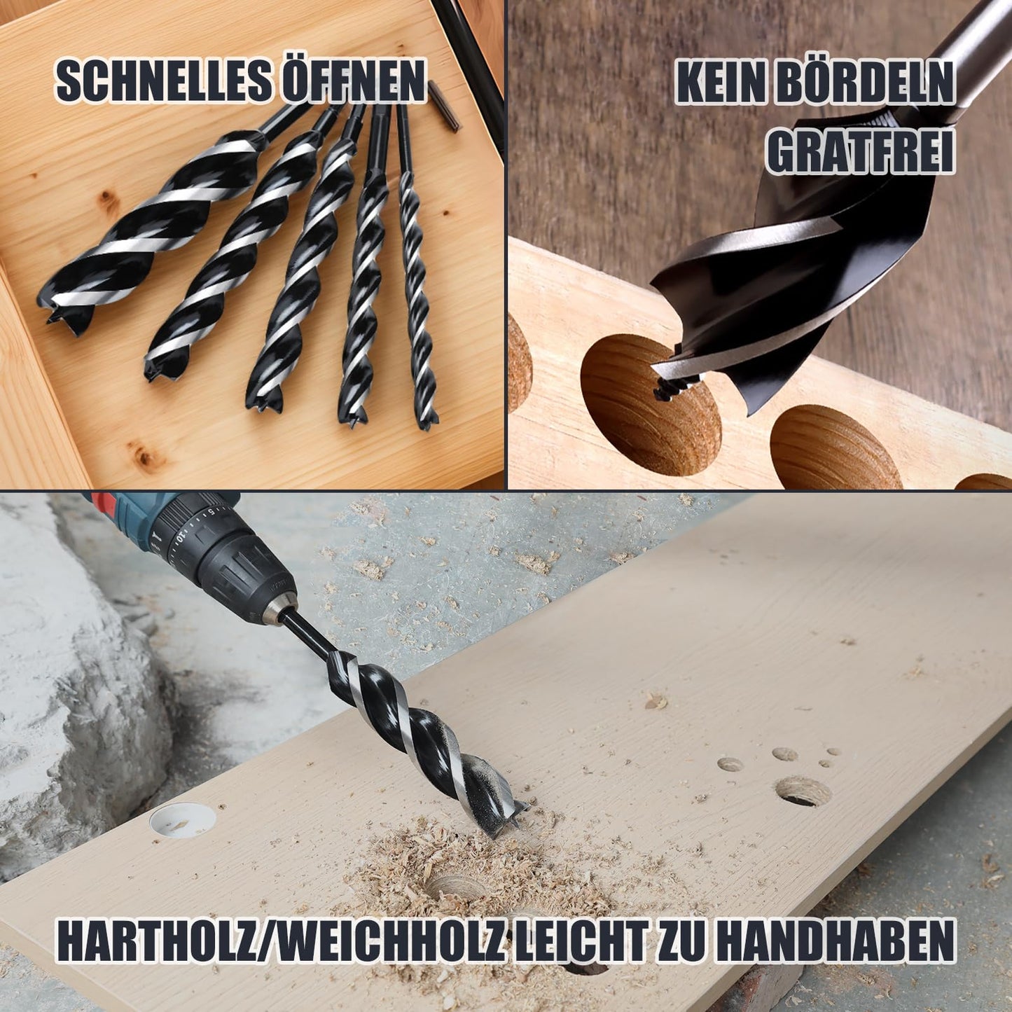 1/2" x 6" Holzbohrer für weiches und hartes Holz, Kunststoff, Trockenbau und Verbundwerkstoffe – 1/4" Sechskantschaft Schnellwechsel Dreifach-Nut Holzbohrer