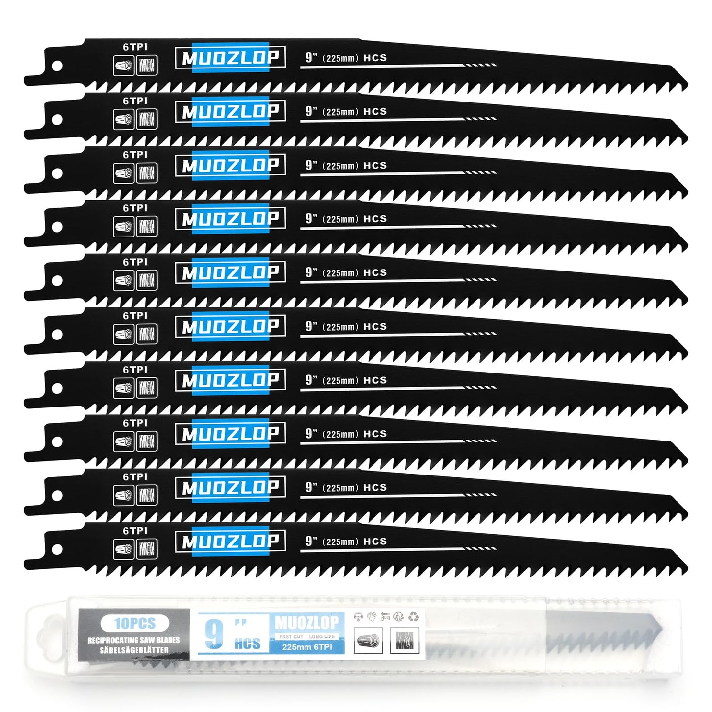 5 Pack 9 inch Reciprocating Saw Blades Set, 6TPI High Carbon Saw Blades, Woodcutting Saw Blades with Organizer Case (5, 6TPI/9 inch)